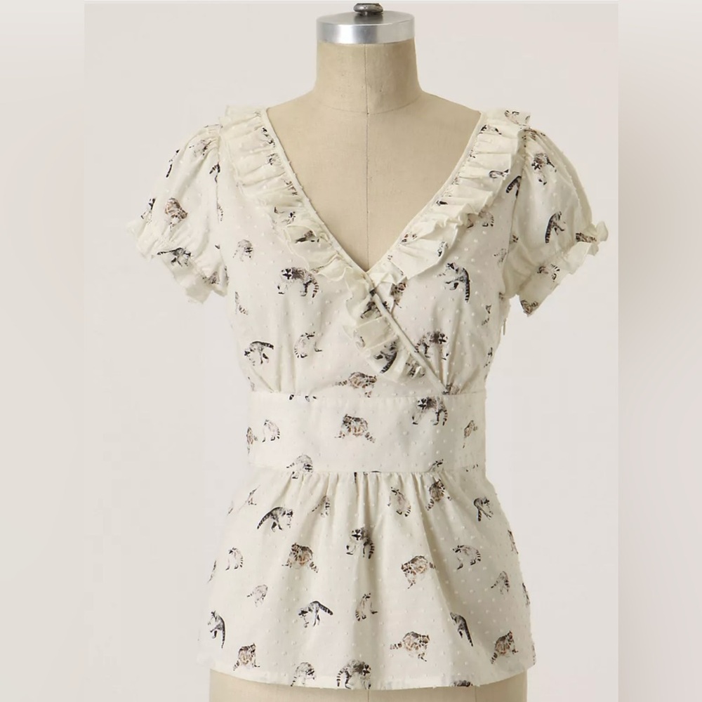 Anthropologie Cream Ruffle V-Neck Top